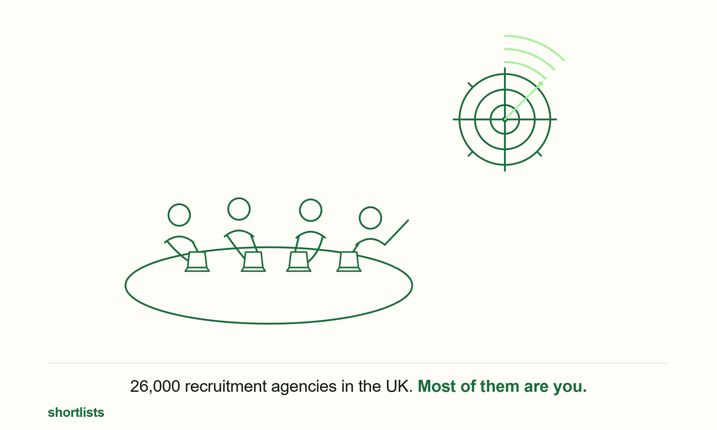 A small, tight-knit recruitment team around a desk beneath a pulsing radar — a focused agency monitoring its market.